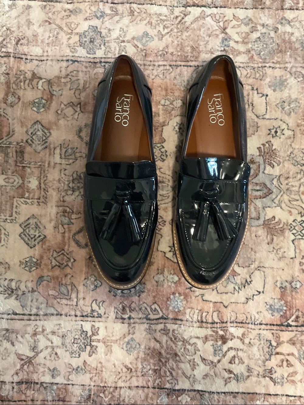 Franco Sarto Black Patent Tassel Penny Loafers